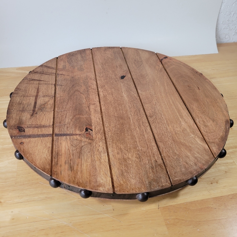MudPie Rustic Wooden Lazy Susan Metal Bead Trim Farmhouse